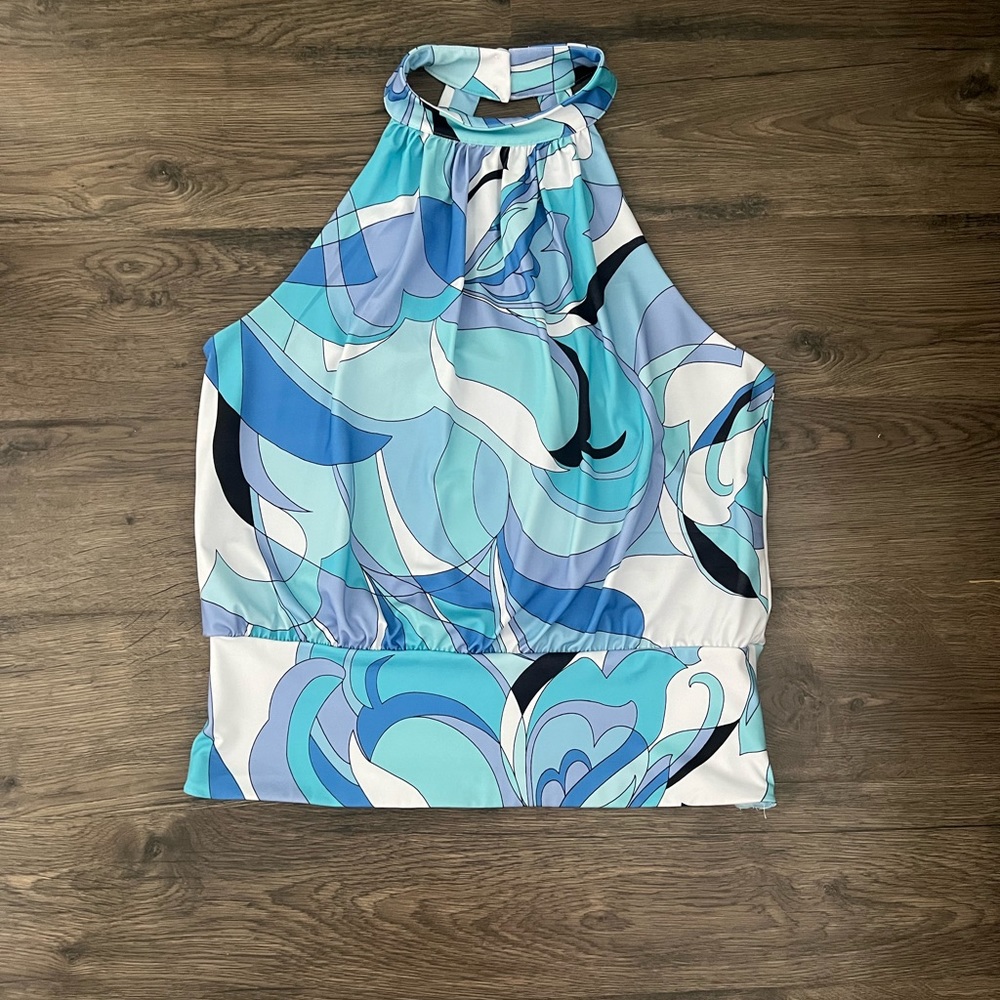 Boston Proper Ocean abstract printed mock neck halter w/banded bottom  NWOT